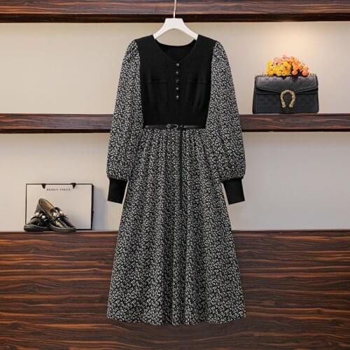 4XL plus size women elegant vintage chiffon dress autumn autumn 2021 long sleeve v neck flower print Patchwork Pleated dresses