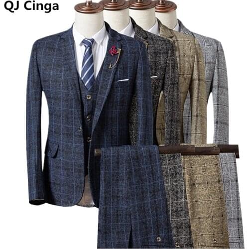 2021 New Striped Plaid Dress 3 Piece Set for Men Business/wedding/party Mens Slim Blazer Coat+Pants+Vest Black Khaki Gray Blue