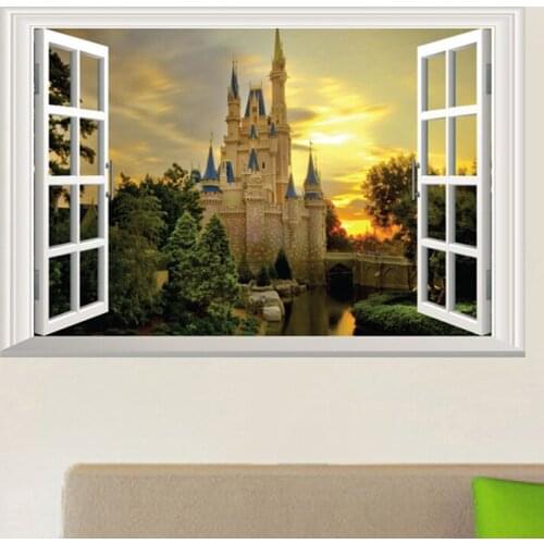 3D 40*60cm Vintage Retro Poster False Window Castle Wall Sticker Tree Stickers Home Decor Living Room Kids Rooms