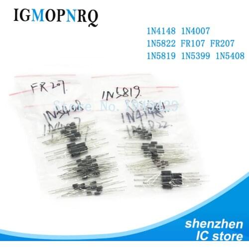 8values=100pcs 1N4148 1N4007 1N5819 1N5399 1N5408 1N5822 FR107 FR207 Switching Diode component diy kit Diode kit