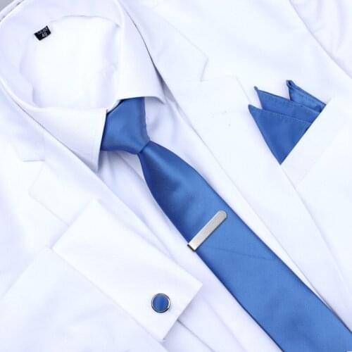 Hot Selling Mens Necktie Set with Pocket Square and Button Cover Cuff-links & Tie Clip in Gift Box for Graduation