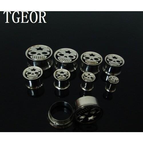 HOT 1pcs mixed sizes ear tunnels Stainless Steel skull double flared internally thread Flesh Tunnel