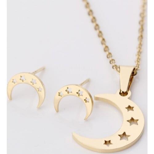 Delicate Simple Star Hollow Out Curved Crescent Moon Pendant Stainless Steel Women Necklace Choker Collier Earrings Jewelry Set