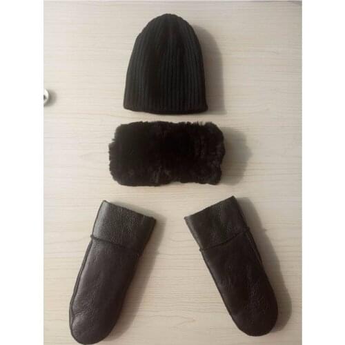 Real rex rabbit fur scarf genuine sheepskin leather with fur mitten and hat set women autumn winter warm set black gift H187