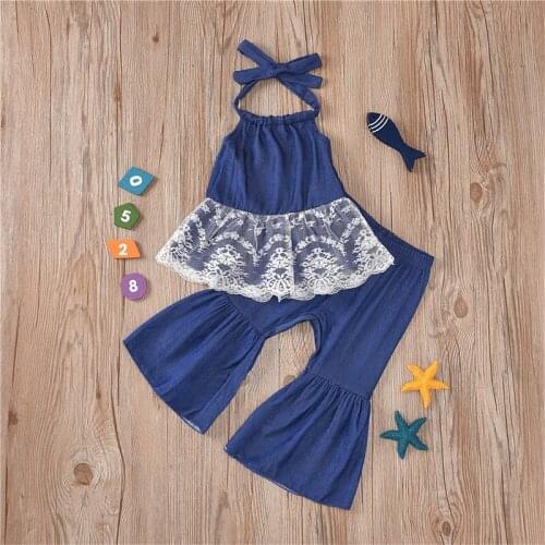 Toddler Baby Girls Summer Clothes 2 Piece Sets Halter Sleeveless Backless Lace Smock Tank Tops and Flared Pant Denim Suits