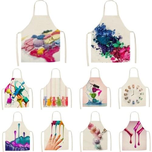Linen Colorful Nail Polish Cosmetics Theme Print Kitchen Aprons Unisex Dinner Party Cooking Bib Funny Pinafore Cleaning Apron