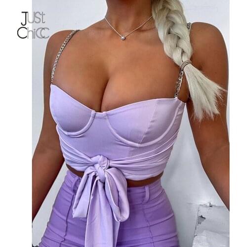 Justchicc Satin Solid Strapless Party Tank Top Women Chain Sling Chest Exposed Cropped Bow Tie Sexy Vest Tops For Lady 2021