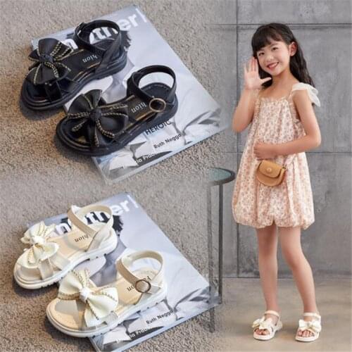 Fashion girls sandals 2021 new summer childrens soft bottom anti slip bow princess shoes middle school girls flat shoes
