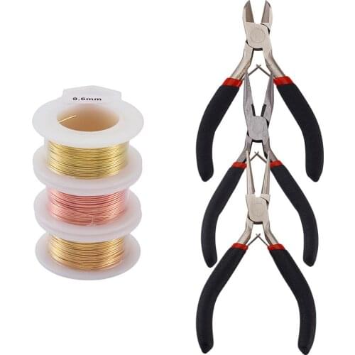 1Set DIY Jewelry Accessories Kit with 3 Rolls 0.6mm Copper Wire Carbon Steel Jewelry Pliers for Earrings Jewelry Making Handmade
