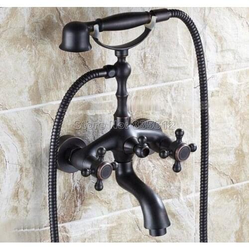 Bathroom Wall Mounted Black Oil Rubbed Bronze Dual Handles Bathtub Mixer Tap and Telephone Style Handheld Shower Faucet Wtf701