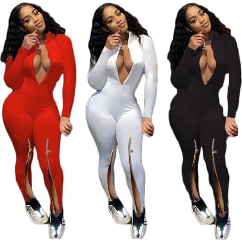 Autumn Solid color Fashion trend one piece jumpsuit Leg zipper Skinny romper women sexy