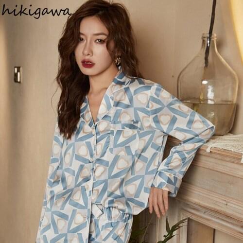 Hikigawa Chic Silk Satin Pajamas for Women 2021 New Loungewear Home Service Set Sleepwear Print Pantsuits Pyjamas Pour Femme