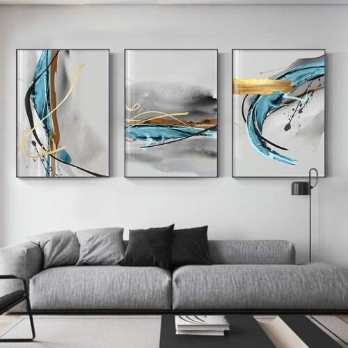 Nordic Golden Blue Canvas Painting Scandinavian Color Splash Posters Abstract Wall Art Print Pictures for Living Room Home Decor