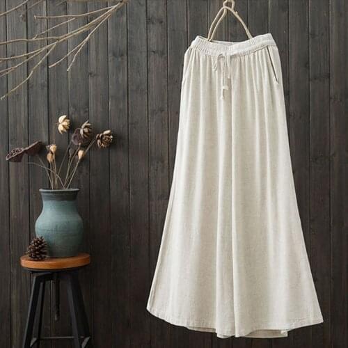 Spring Women Elastic Waist Casual Cotton Linen Wide Leg Pants Arts Style Vintage Loose Pants Female Trousers Plus Size S594
