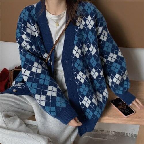 Knitted Cardigan Womans Sweaters Coat Long Sleeve Cotton Knit Vest Jacket Pink V-neck Rhombus Plaid Fashion Women Sweater 2021