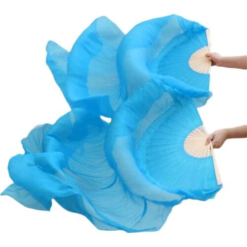 High selling 100% Real Silk Veils 1 Pair handmade women Quality Silk Belly Dance Fan Dance turquoise color