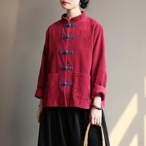 Women retro Solid Color Stand Collar Jackets Corduroy Shirt Tops Ladies Vintage Loose Outerwear Female 2019 Autumn Coat