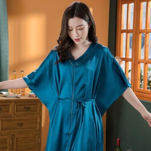 2021 New Summer 100% Mulberry Silk Nightgown Womens Pajamas Kimono Robe Ladies Pijamas Home Clothes Bathrobe Bow Dress Sleepwear