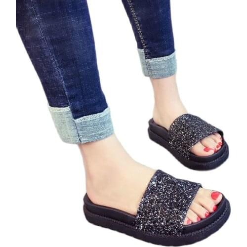 Womens Slippers Summer Slippers Glitter Bling Slide Flat Slipper Shoes Lady Party Low Heel Comfortable Breathable Bling Sandals