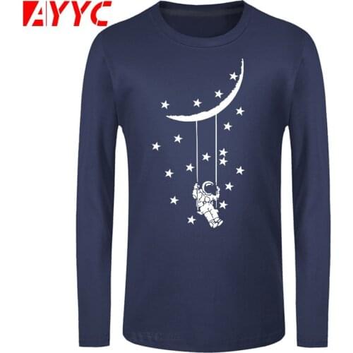 AYYC long sleeve tee Cosmonaut To Swing On The Moon Funny Print T Shirt Men Casual Loose Cotton O-Neck Male Tee Shirts Top