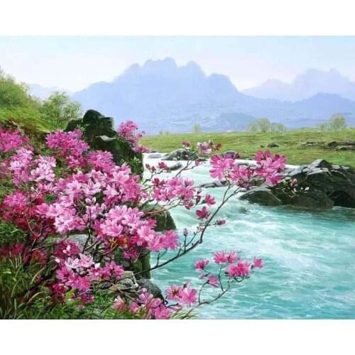 Pink Creek Scenery DIY Digital Painting By Numbers Modern Wall Art Canvas Paint Holiday Gift Home Decor Big Size