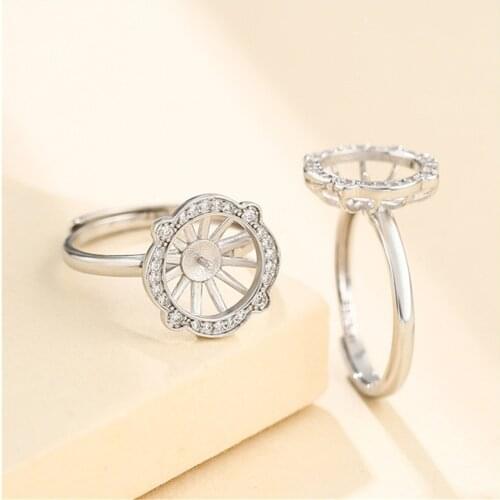 Ring Blank for 8mm-10mm Round Beads or Pearls White Gold Plated 925 Silver Zircon Ring Setting Adjustable Ring Base SR0122