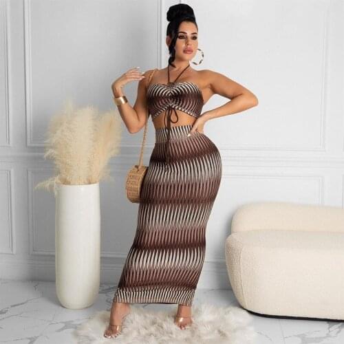 Halter Two Piece Set Drawstring Stripe Skinny Camis Tops Long Dress Skirt Suits Women Clothes Sexy Summer Aesthetic Dress Sets