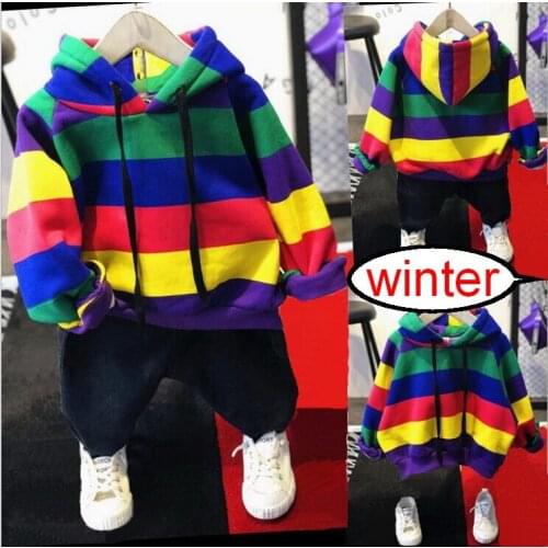2PCS Suit Baby Boy Clothes Children winter Toddler Boys Clothing Set Rainbow 2019 Kids Thickened hoodie, thickened jeans 2-6year