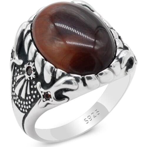 Red Tiger Eyes Stone Ring for Men 925 Sterling Silver With Red CZ Thai Silver Unique Design Ring for Male Women Turkish Jewelry