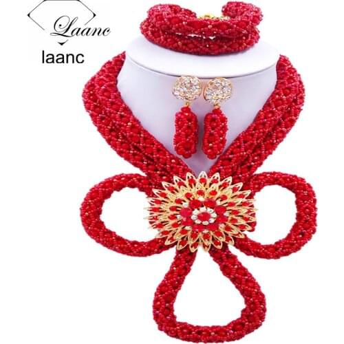 Laanc Nigerian Wedding African Beads Jewelry Set Crystal Red Bridal Jewelry Sets HXLK004