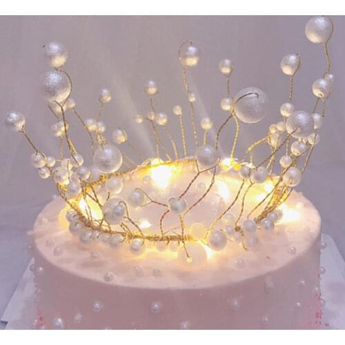 Metal Pearl Princess Crown Cake Topper Shiny Artificial Pearls Headdress Wedding&Engagement Baby Cake Decora Birthday Handmade