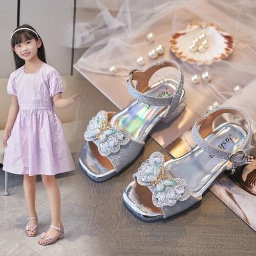 Fashion Girls Sandals Summer Bowknot Rhinestone Crystal Princess Shoes For Wedding And Party Dance Kids Sandal Pink Silver 3-12T