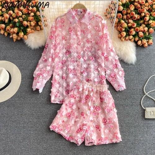 Nomikuma Korean 3D Floral 2pieces Sets Causal Long Sleeve Blouse Shirt + High Waist Wide Leg Shorts 2021 New Women Outfits 6K956