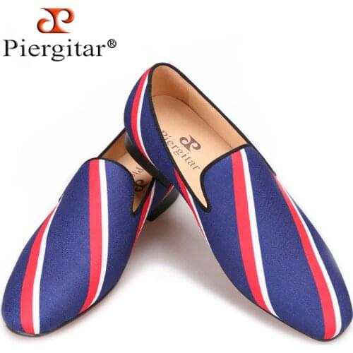 Piergitar 2017 new Square toe blue canvas shoes with striped design Party and Banquet men dress loafers Leather insole men flats