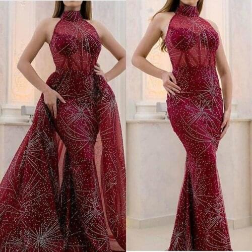 Glitter Sequin Burgundy Long Prom Dresses With Detachable Train 2020 High Neck Saudi Arabic Women Mermaid Evening Gowns Robe De