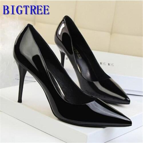BIGTREE high heels Women Shoes 2019 office Lady pumps fashion pointed toe patent leather heels 9CM Summer ladies shoe yellow