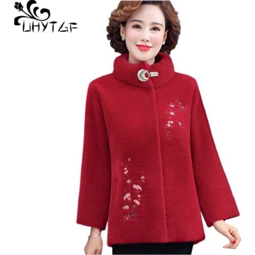 UHYTGF Women Awinter Winter Woolen Coat Imitation Mink Fleece Casual Short Tops Solid Color Wild Loose 4XL Plus Size Jacket 1115