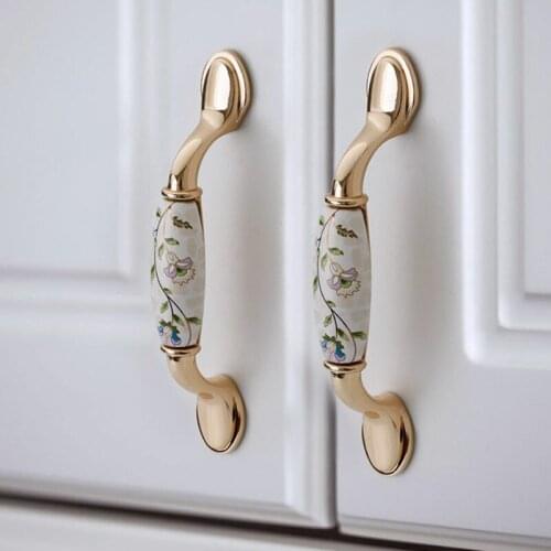 1PC Bright Gold Ceramic Door Handles Solid Zinc Alloy Drawer Dresser Pulls Kitchen Cabinet Door Knobs Furniture Handle Hardware