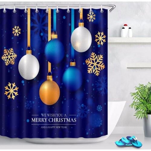 Christmas Balls Snowflake And English Letters Shower Curtain Extra Long Bathroom Waterproof Polyester Fabric for Bathtub Decor