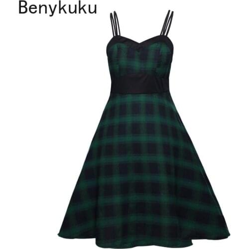 Green Red Plaid Pin up Vintage Sling Dress Women Sleeveless Summer Retro Party Spaghetti Strap Dresses Plus Size 5XL Vestidos
