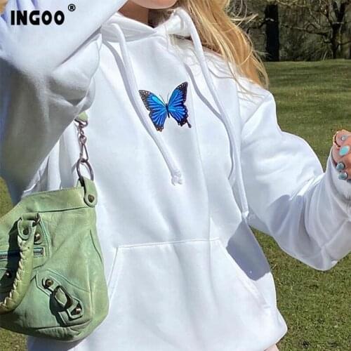 INGOO Winter Embroidery Butterfly White Hoodies Women Solid Long Sleeve Pocket Sweatshirt with Hat Loose Autumn Hoody