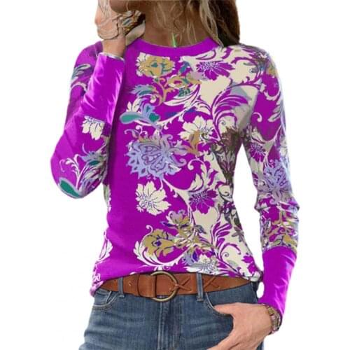 Women T-shirt Vintage Floral Print Slim Autumn Winter Female Tee Shirts O Neck Long Sleeve Elegant Office Lady Tshirt Top Party