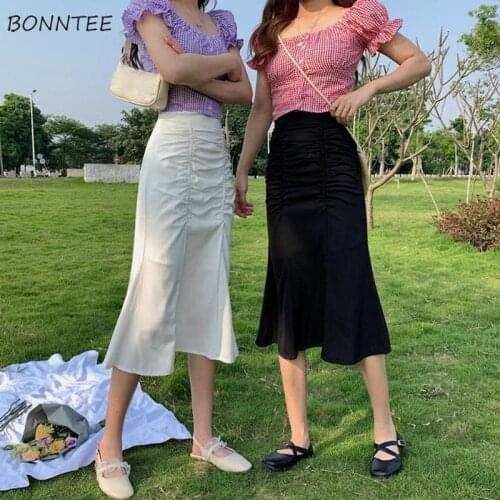 Women Skirts Design Solid Slim Sexy Shirring Mid-calf Female Elegant Ulzzang All Match Friend Temperament A-line Trendy Chic Ins
