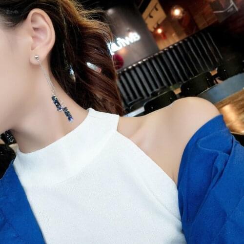 2021 New Trendy Tassel Earring Full Blue Zircon Bling Long Dangle Earring For Women Fashion Dancing Party Jewelry Gifts