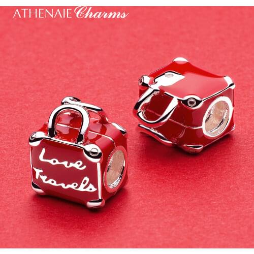 ATHENAIE 925 Sterling Silver Red Enamel Love Travel Bag Charms Beads for Women Bracelet Bangle DIY Jewerly