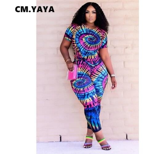 CM.YAYA Tie Dye Black Hole Print Womens Set Plus Size Fashion T-shirt and Legging Pants Matching Two 2 Piece Outfits Tracksuit