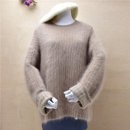Female women fashion thick warm striped mink cashmere knitted loose o-neck pullover angora rabbit hair winter jumper sweater top