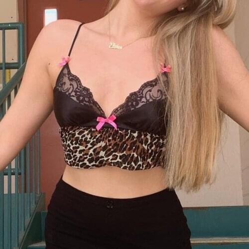 Vintage Y2K Sexy Crop Top Women Black Lace Leopard Patched Cami Sleeveless Bow See Through Milkmaid Top Party Club Clothes