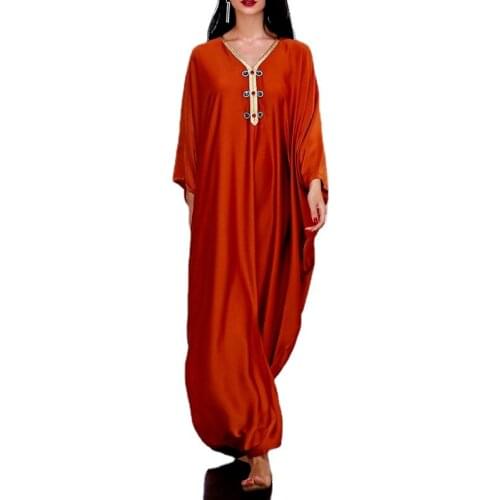 Beading Kaften Dress Muslim Women 2021 Summer Autumn New Fashion Orange Loose Casual Bat Sleeve Female Expansion Long Dresses