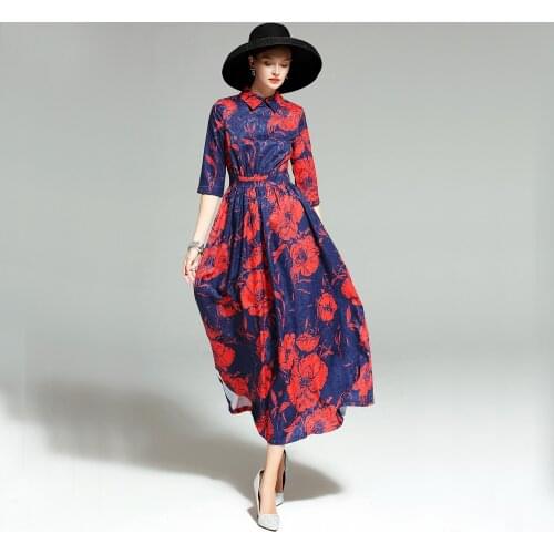 2021 Spring Women Jacquard Runway Long Dress Turn-down Collar Three Quarter Evening Full Length Gorgeous Floral Long Dress
